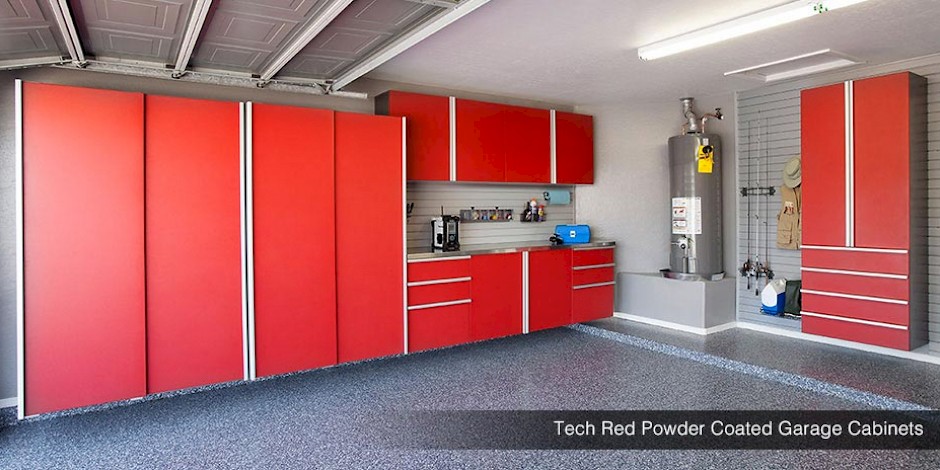 Tech Red Powder Coated Finish Custom Garage Cabinets