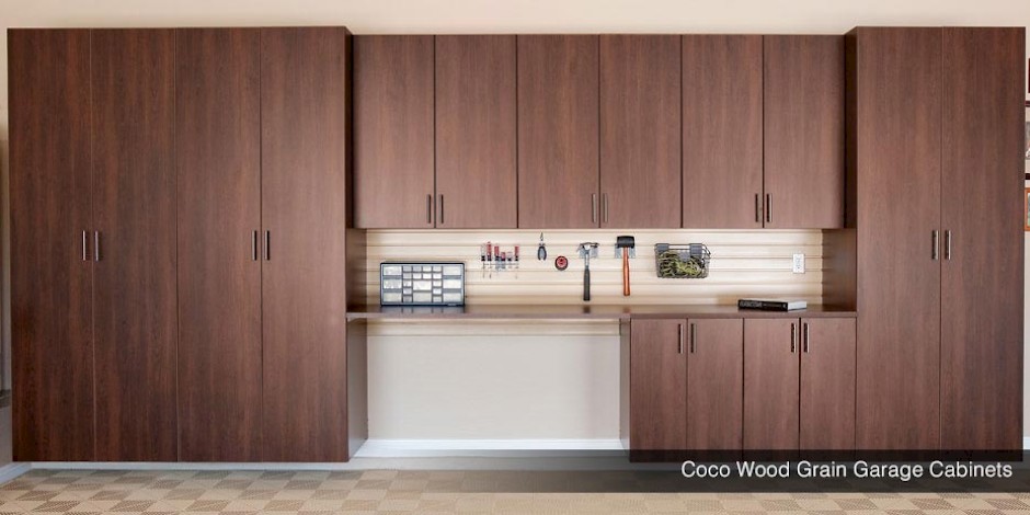 Custom Garage Cabinets with Coco Wood Grain Finish